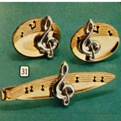 Vintage Fathers Day Sears Catalog Figural Gifts musical staff treble cleff Cuff Links and Tie Clip Jewelry Set. Treble cleff with sheet music.